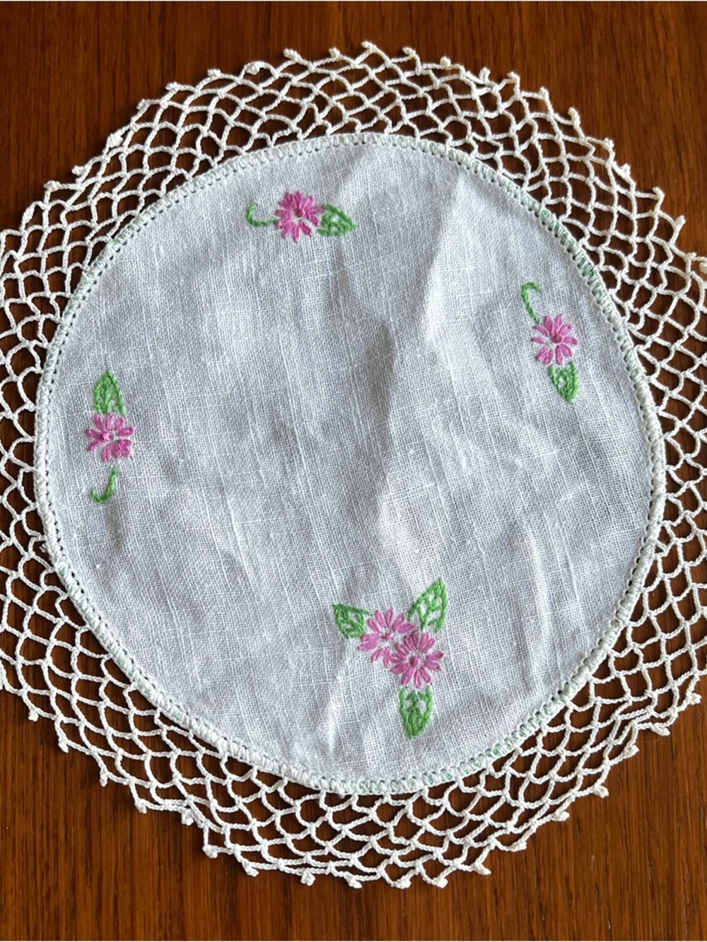 Source Unknown White Linen Doily with Pink and Green Embroidery